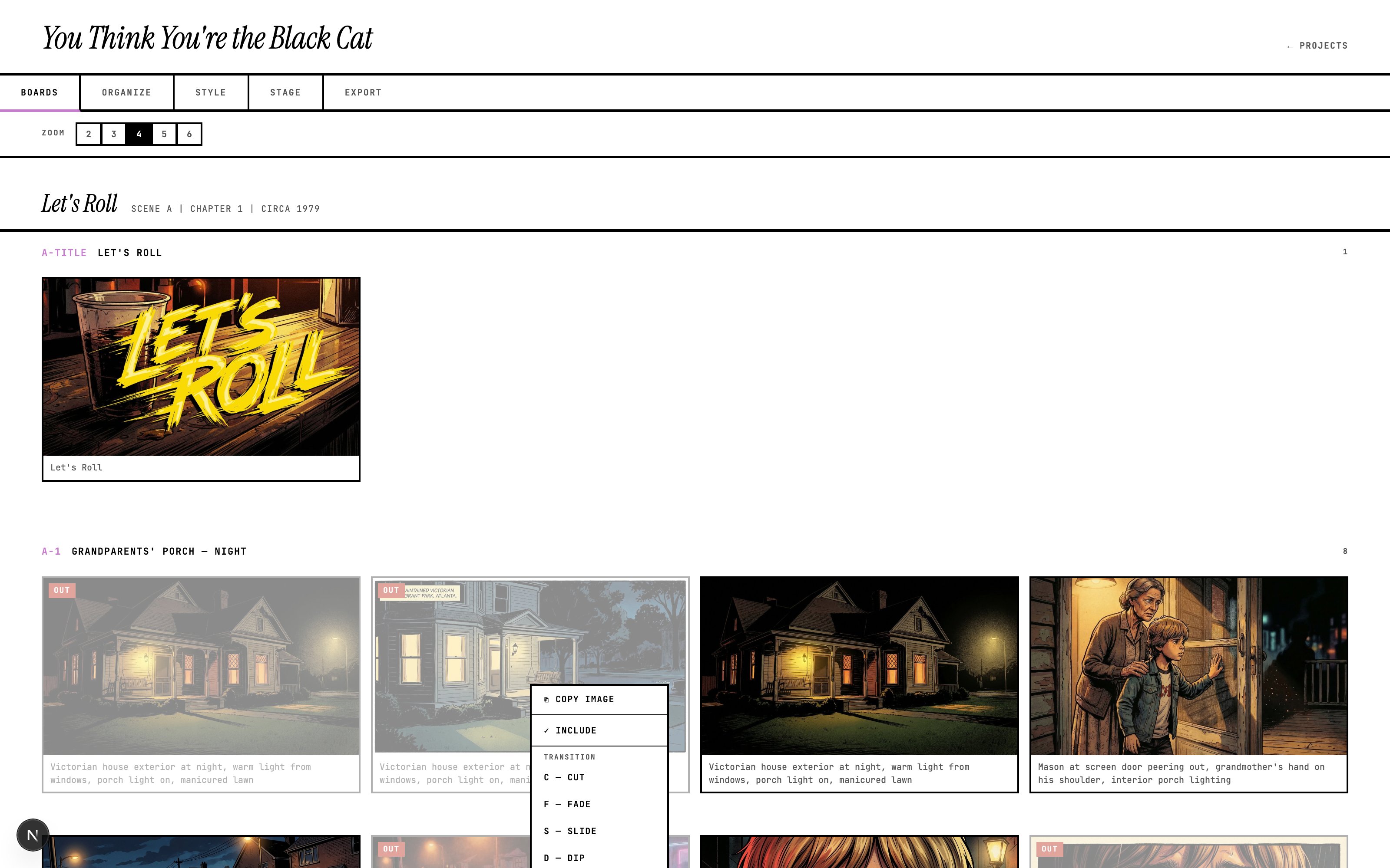 The Boards grid with a right-click context menu open over a card, listing COPY IMAGE, INCLUDE, and a TRANSITION section with C — Cut, F — Fade, S — Slide, D — Dip options