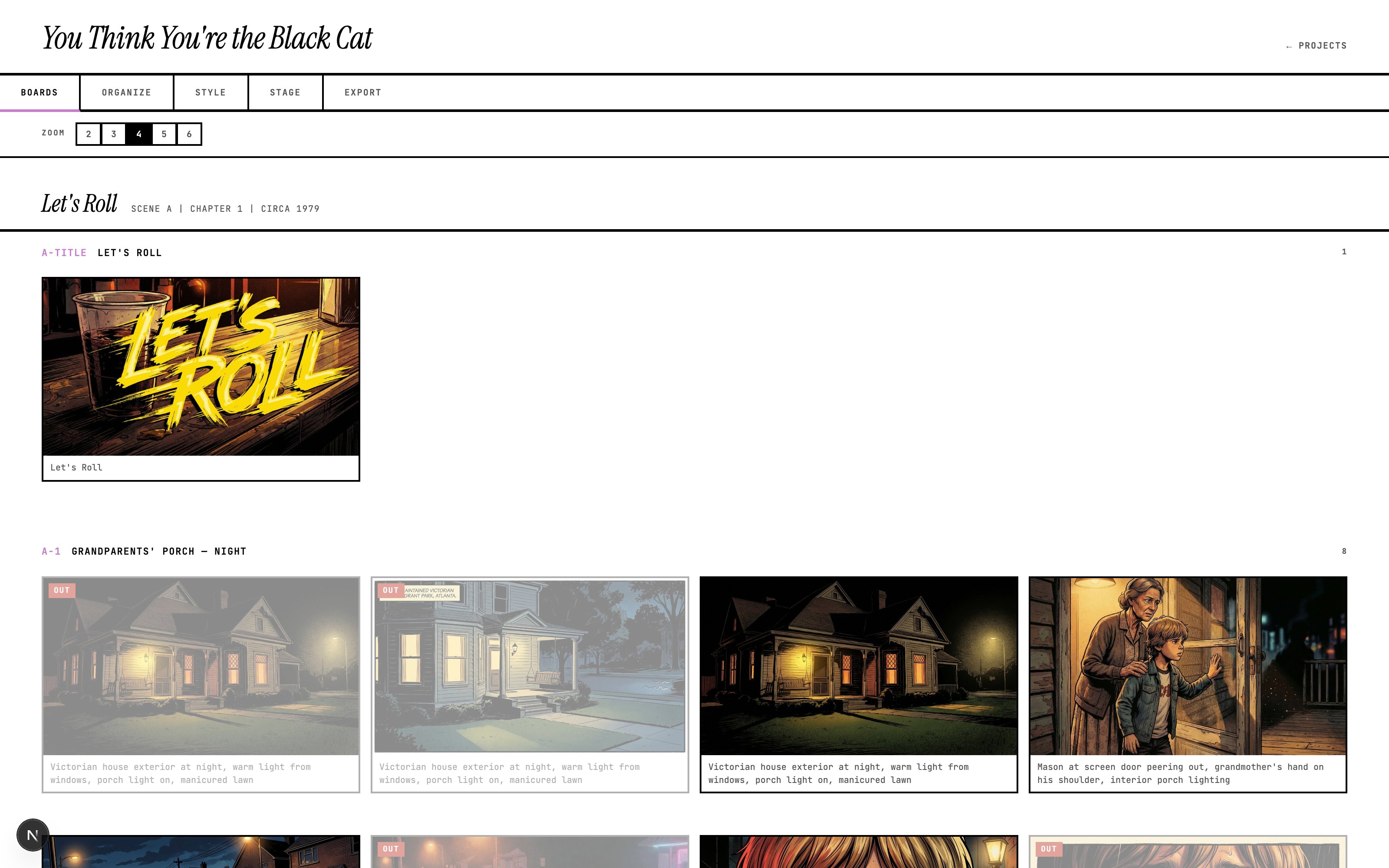 The Boards phase: a storyboard grid for act one, 'Let's Roll' — a title card and rows of night-time porch shots, each with a mono-type caption, scene headings like 'A-1 GRANDPARENTS' PORCH — NIGHT' dividing the sections