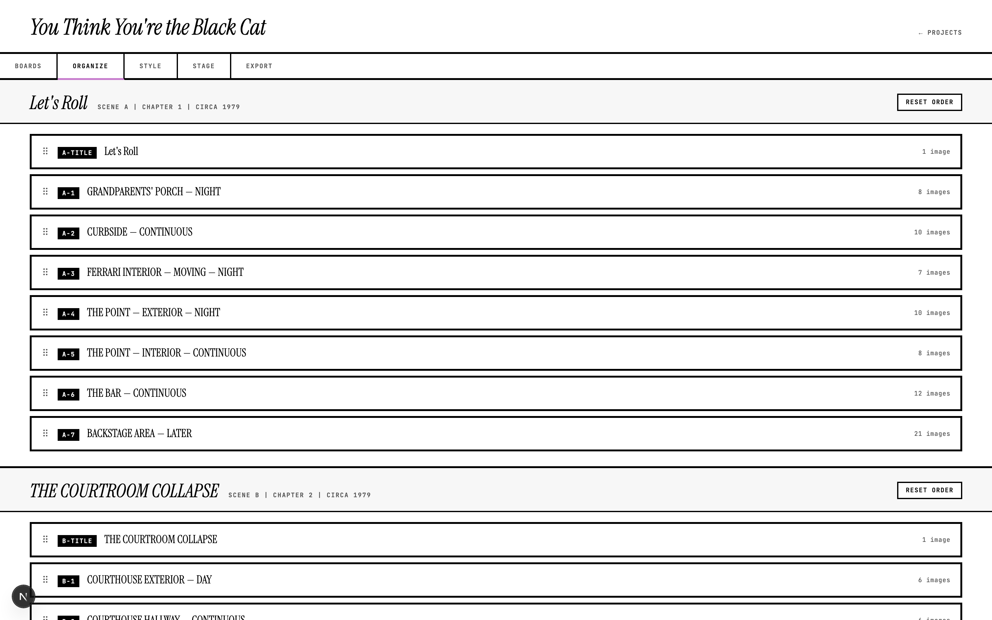 The Organize phase: acts 'Let's Roll' and 'The Courtroom Collapse' as stacks of draggable scene rows — grip dots, scene IDs like A-1, titles like GRANDPARENTS' PORCH — NIGHT, and image counts — each act with a Reset Order button