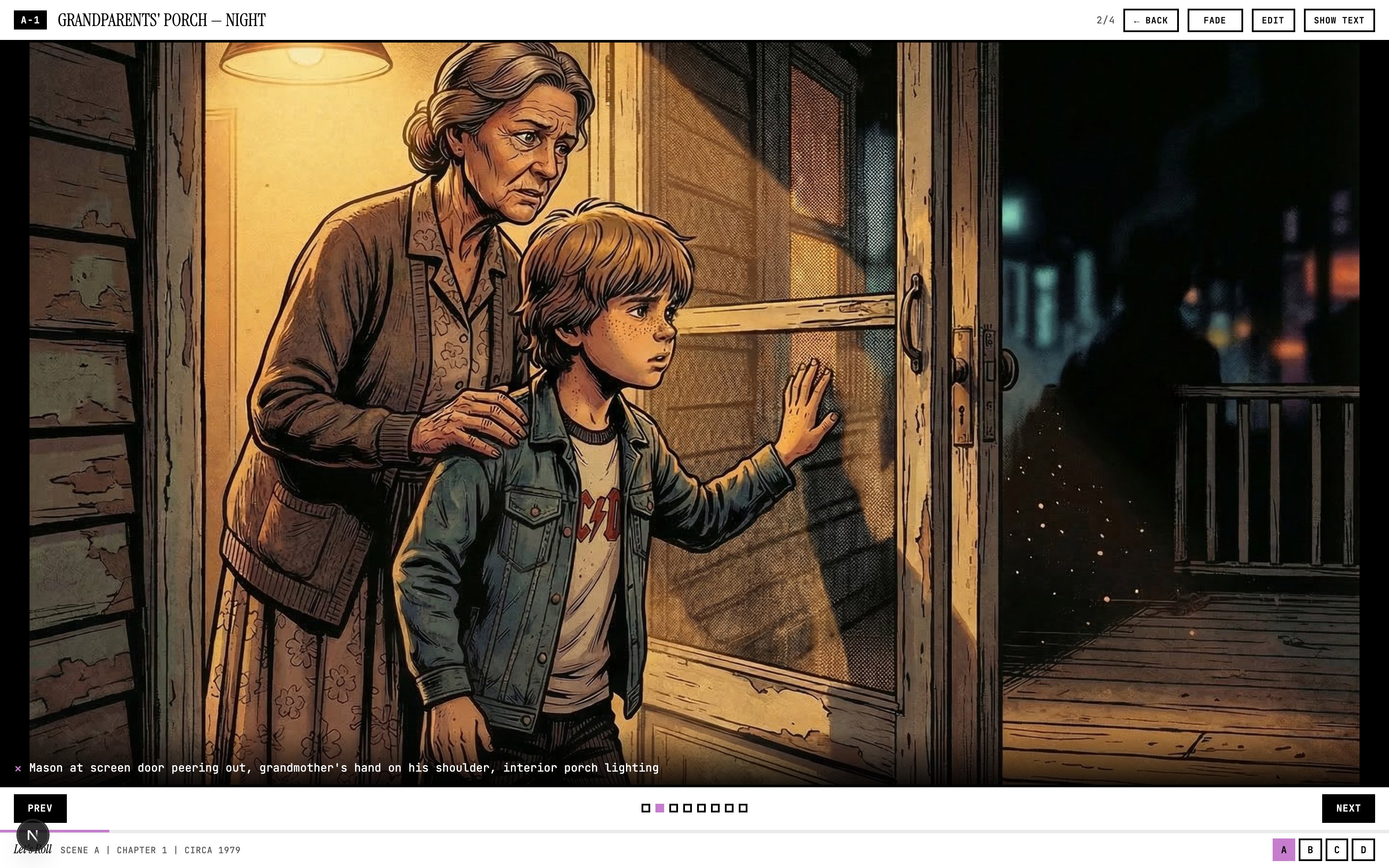 Cinezine's Stage view: a full-screen graphic-novel frame of a grandmother and boy at a screen door at night, caption at the bottom-left, scene dots and act buttons along the bottom bar