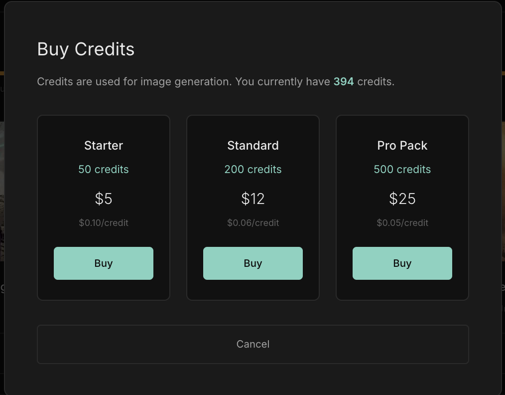 The Buy Credits dialog showing the current balance and three credit packs — Starter, Standard, and Pro Pack — each with a per-credit price and a Buy button