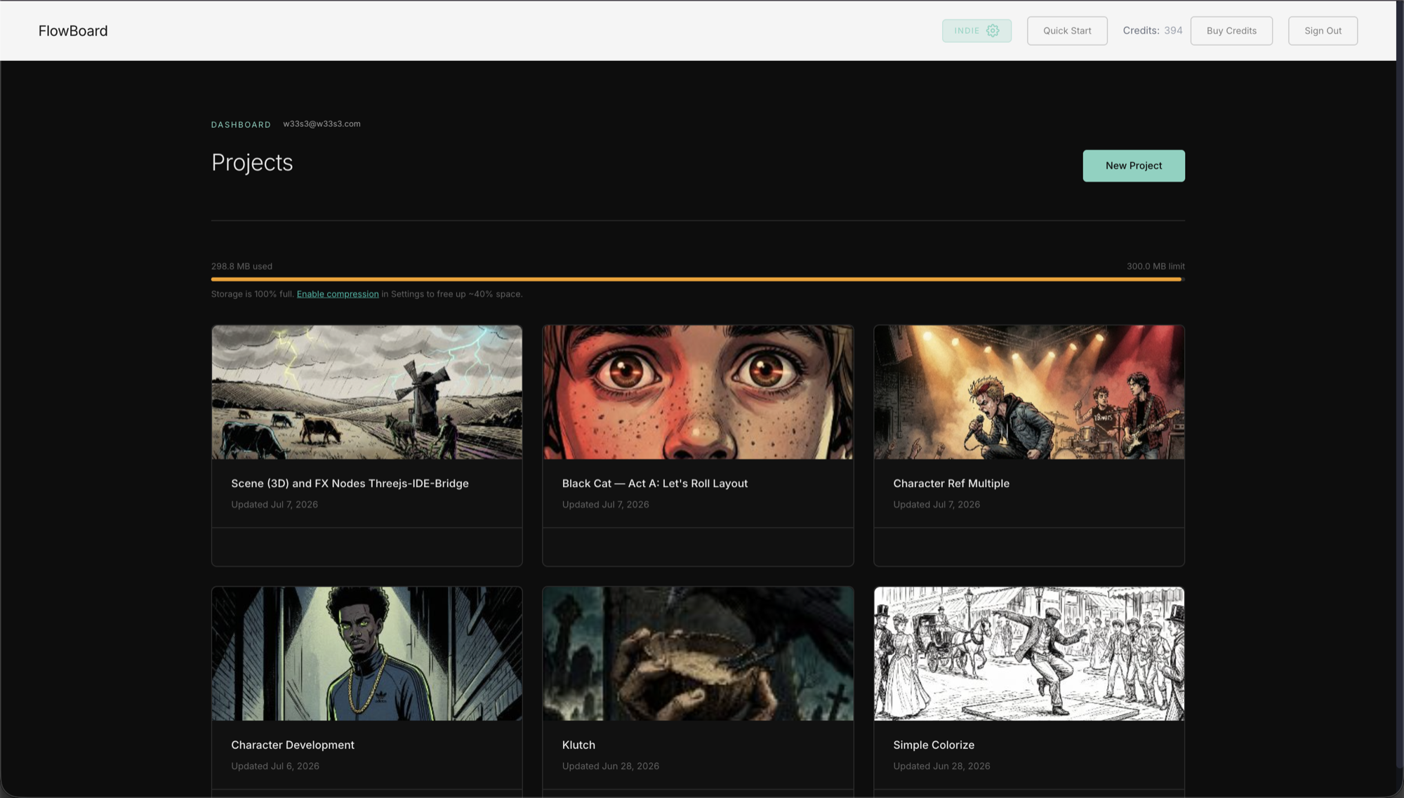 The FlowBoard dashboard: top banner with the FlowBoard logo, an INDIE plan badge, Quick Start, a credit balance reading 'Credits: 394', Buy Credits, and Sign Out; a 'Projects' page title with a New Project button; a storage usage bar at its limit; and a grid of six project cards with storyboard-art thumbnails.