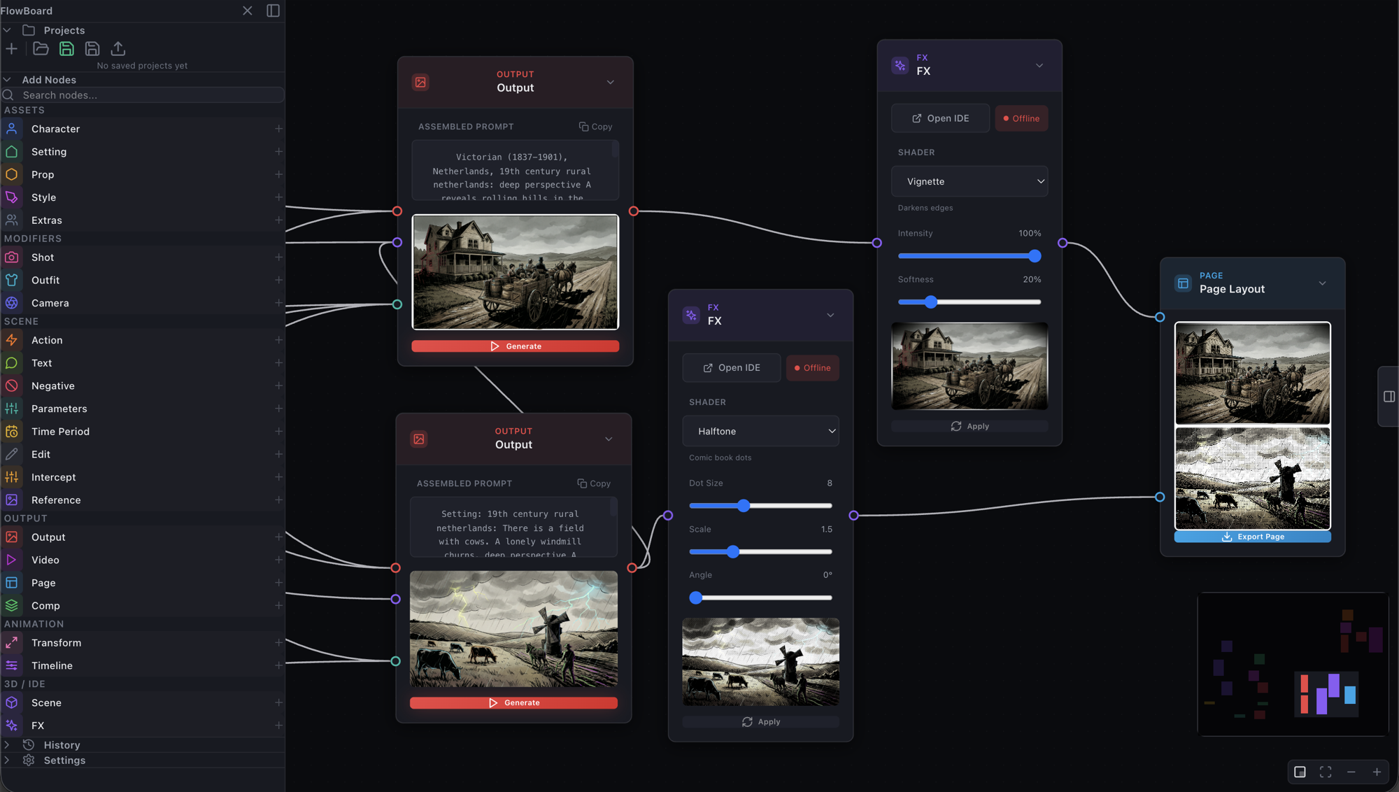 A FlowBoard graph: two Output nodes with 19th-century Dutch farm frames, each wired into its own FX node — one set to Vignette at 100% intensity, one to Halftone with dot size 8 — both feeding panels of a Page Layout node