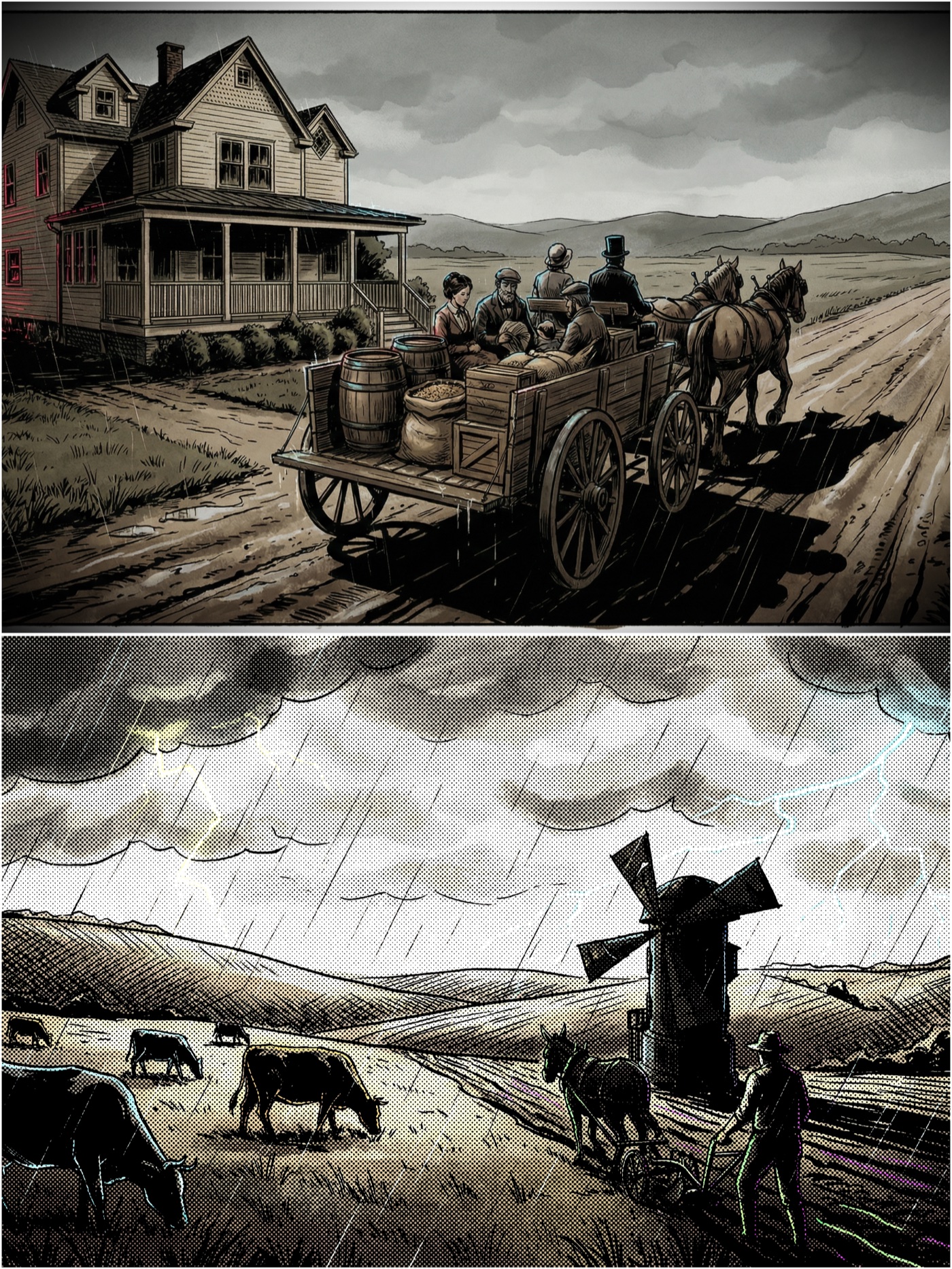 An exported two-panel page: the farmhouse-and-wagon frame darkened at its edges by the Vignette shader on top, and the windmill storm scene rendered in comic-book halftone dots below