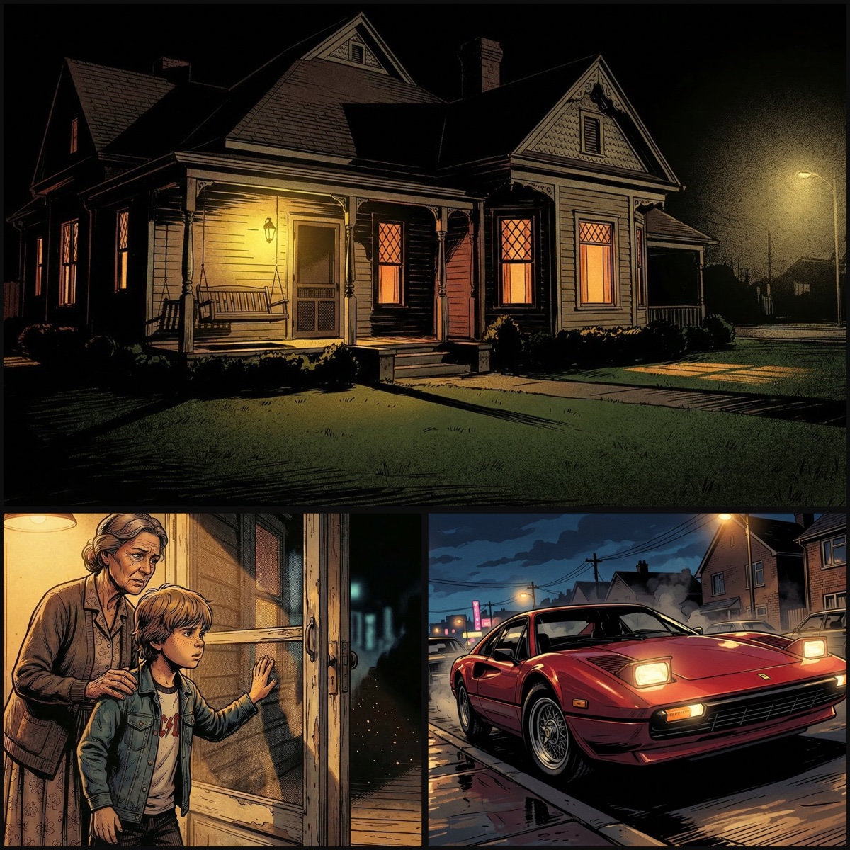 An exported comic page: wide establishing shot of a Victorian house at night over two panels — a grandmother and boy at the door, and a red Ferrari at the curb