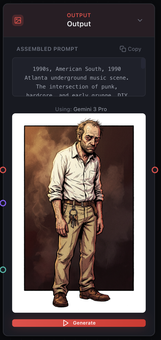 The Output node up close: assembled prompt on top, the generated full-body portrait of Ray below, Generate button at the bottom
