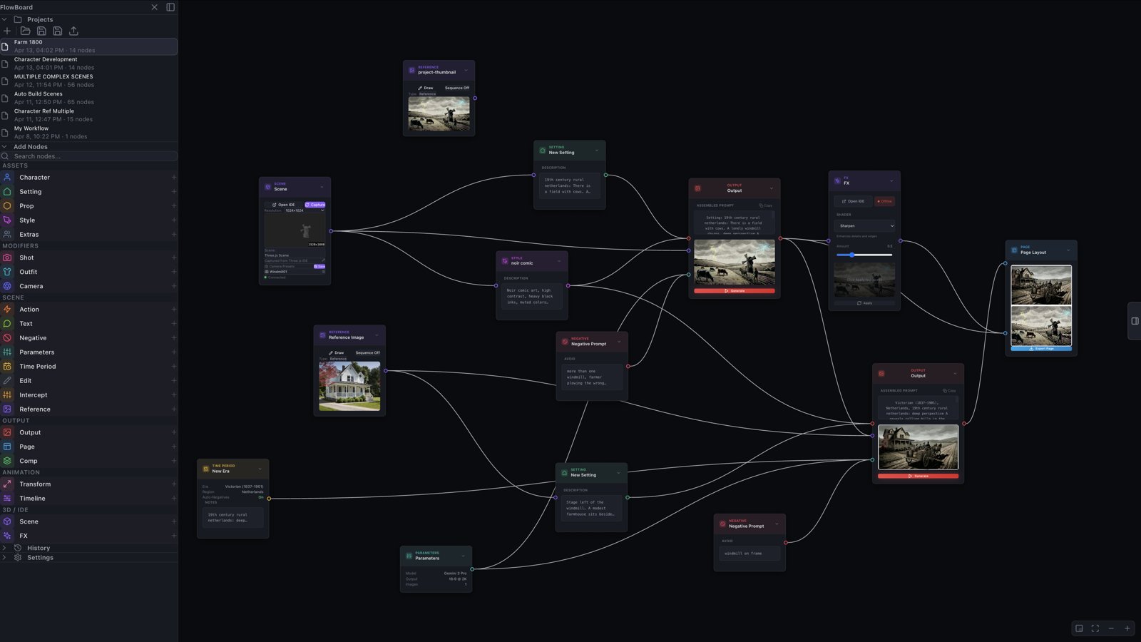 A real FlowBoard scene graph: reference images, characters, and settings wired through actions into two Output nodes
