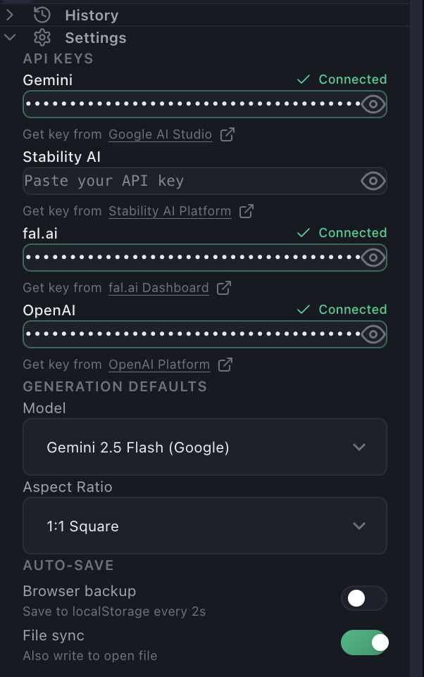 The Settings panel's API Keys section: Gemini, fal.ai, and OpenAI showing Connected with redacted keys, Stability AI empty with a paste-your-key field, plus generation defaults below