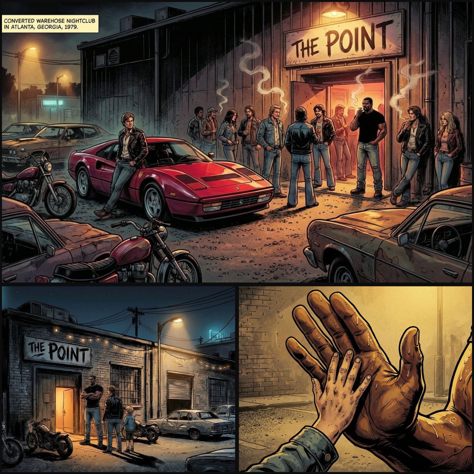 A finished three-panel comic page: a wide establishing panel of a red Ferrari and a crowd outside 'The Point' nightclub in 1979 Atlanta, over two smaller panels — the club exterior at night and a close-up of sweating hands mid-clap.