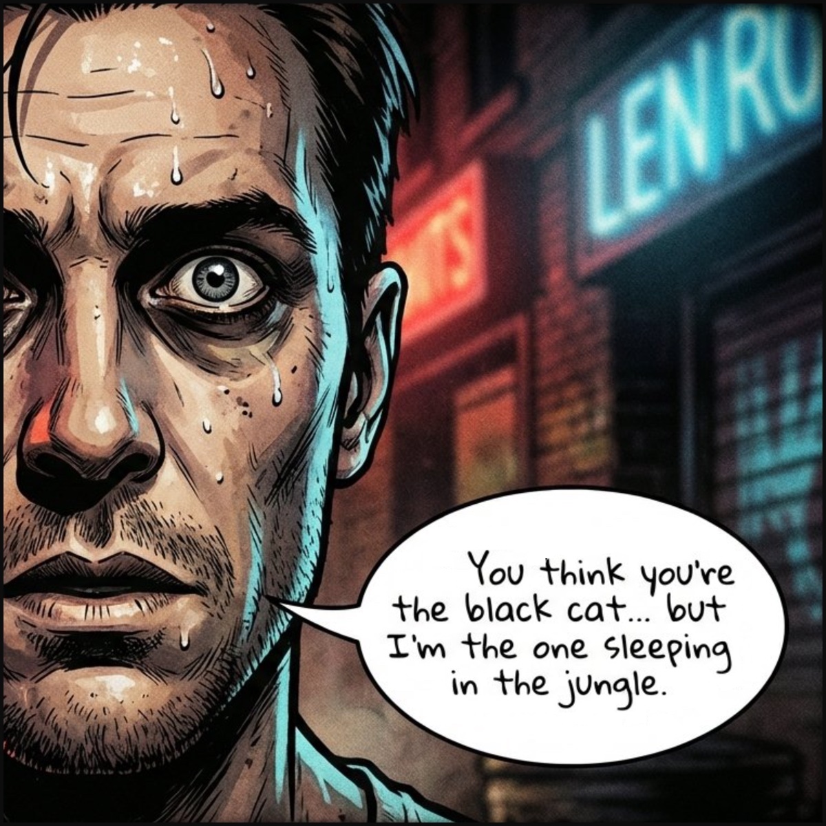 A full-bleed splash page exported from FlowBoard: extreme close-up of a sweat-drenched singer's face against neon club signage, beside a speech balloon reading 'You think you're the black cat... but I'm the one sleeping in the jungle.'