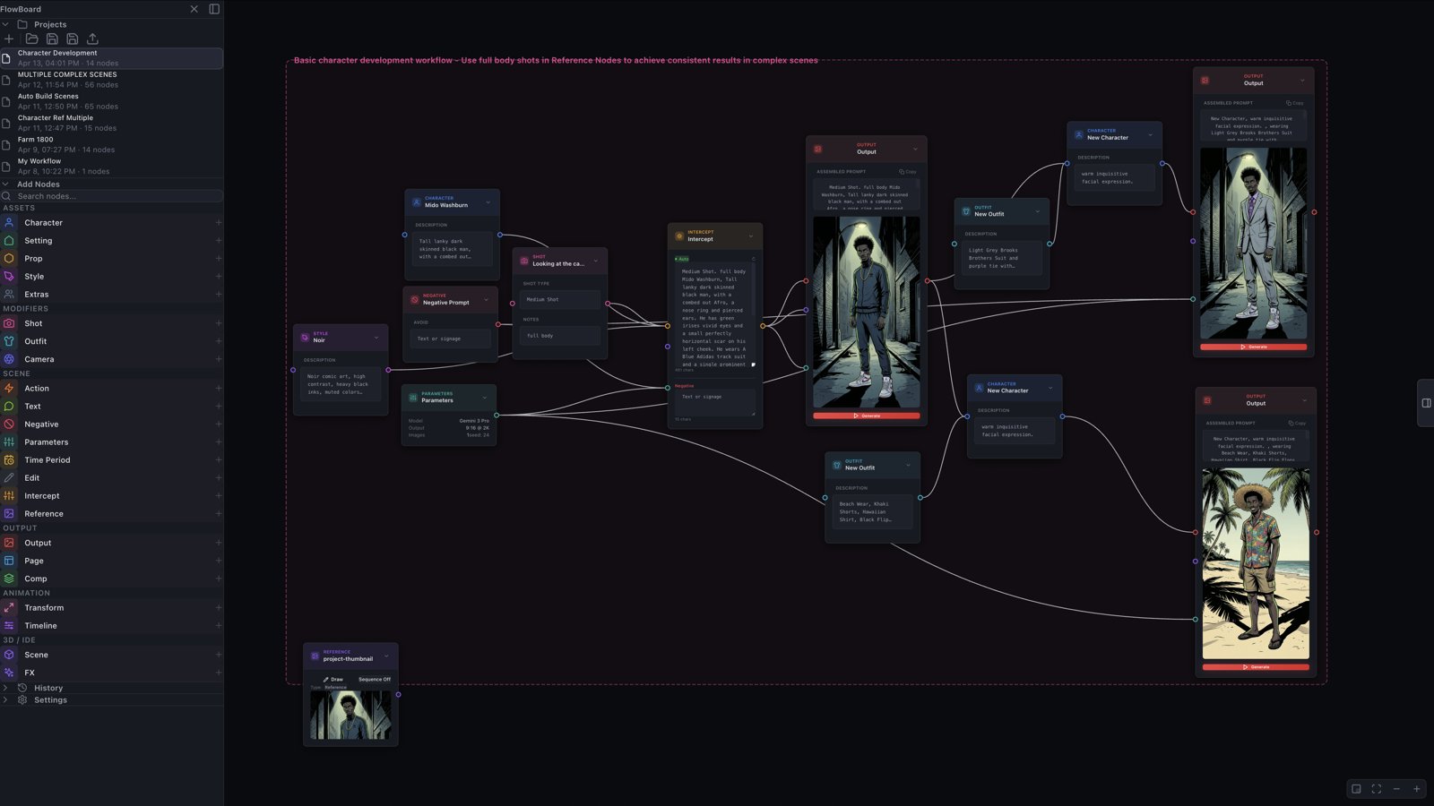 A character development workflow: full-body character variations generated from reference nodes, wired toward final portrait outputs