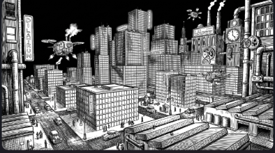 A noir city render matching the block-in: same avenue, same mid-rise massing, towers behind