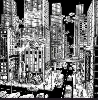 A dense vertical noir city render that ignores the block-in's layout