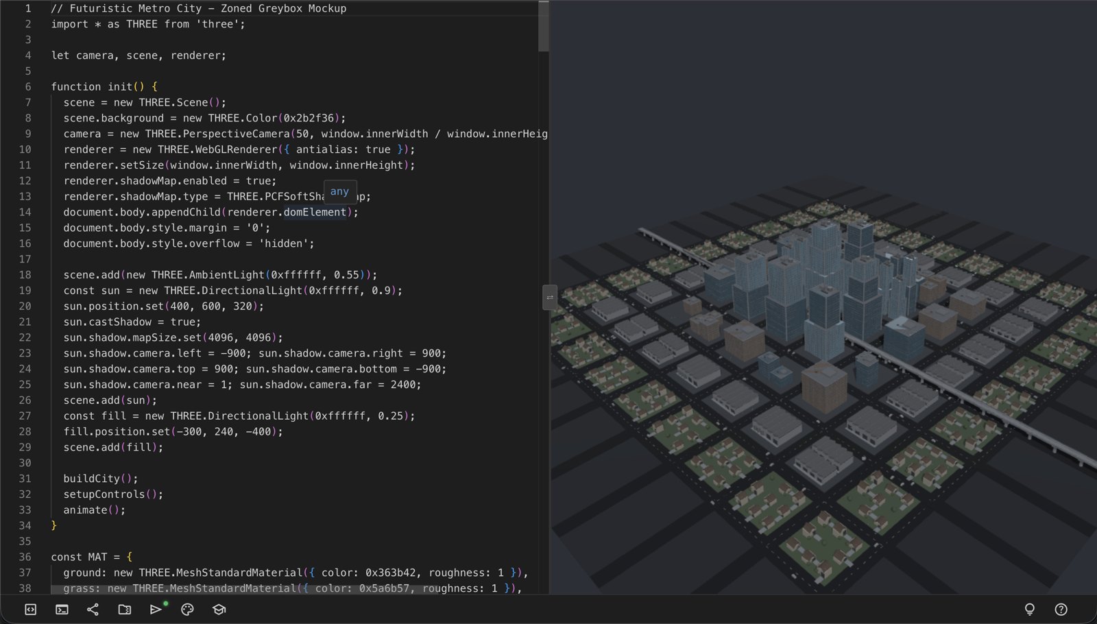 The three.js IDE: a code editor on the left with the city's three.js source, and a live 3D viewport on the right showing the zoned greybox city from above