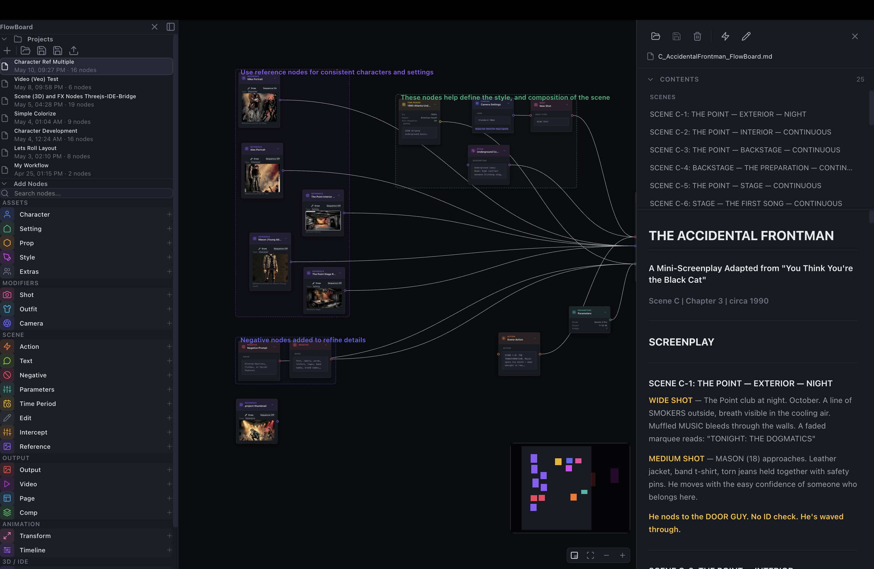 FlowBoard with the Script Panel open: a formatted screenplay with scene headings and shot descriptions beside the generated node graph