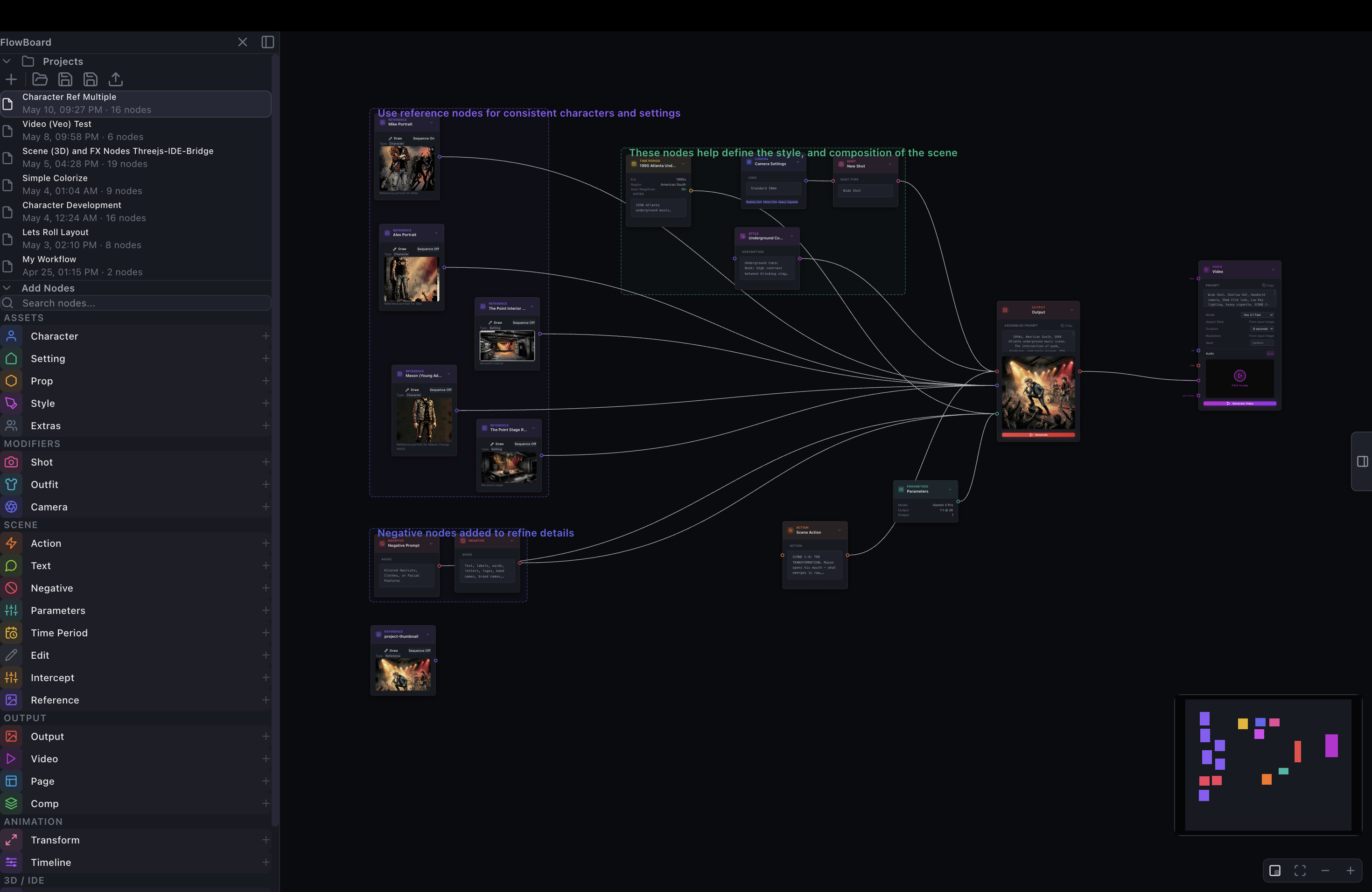 A working FlowBoard project: reference nodes for characters and settings on the left, style and camera nodes above, all wired into one Output showing a generated concert scene