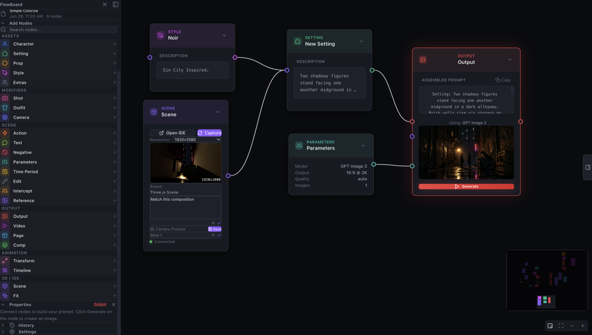 The FlowBoard graph that produced the render: a 'Sin City Inspired' Style and an alley-description Setting feed an Output; the Scene node's 1920×1080 capture is wired in as composition reference; Parameters select GPT Image 2 at 16:9