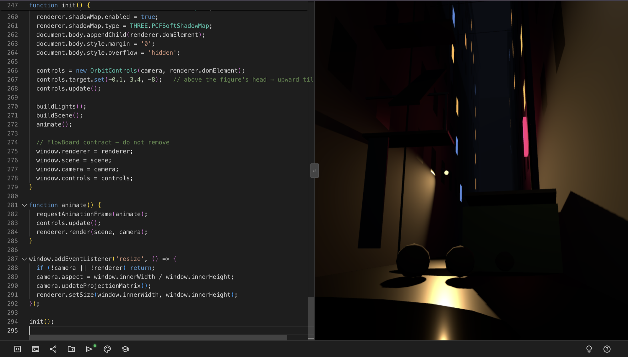 The three.js IDE split view: the scene's source code on the left, ending in a '// FlowBoard contract — do not remove' block that sets window.renderer, window.scene, window.camera, and window.controls, with the rendered alley block-in live in the viewport on the right