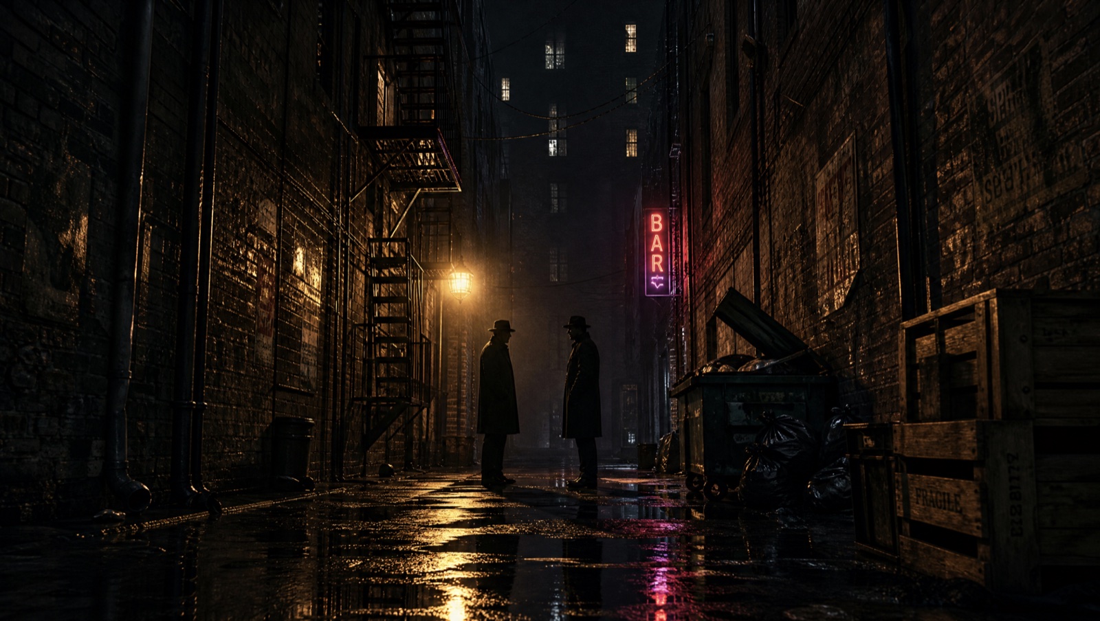 The finished render of the same alley: two hat-wearing figures face each other on wet asphalt, fire escape and caged sodium lamp on the left, a neon BAR sign, dumpster, and crates on the right, lit windows on the dead-end wall behind