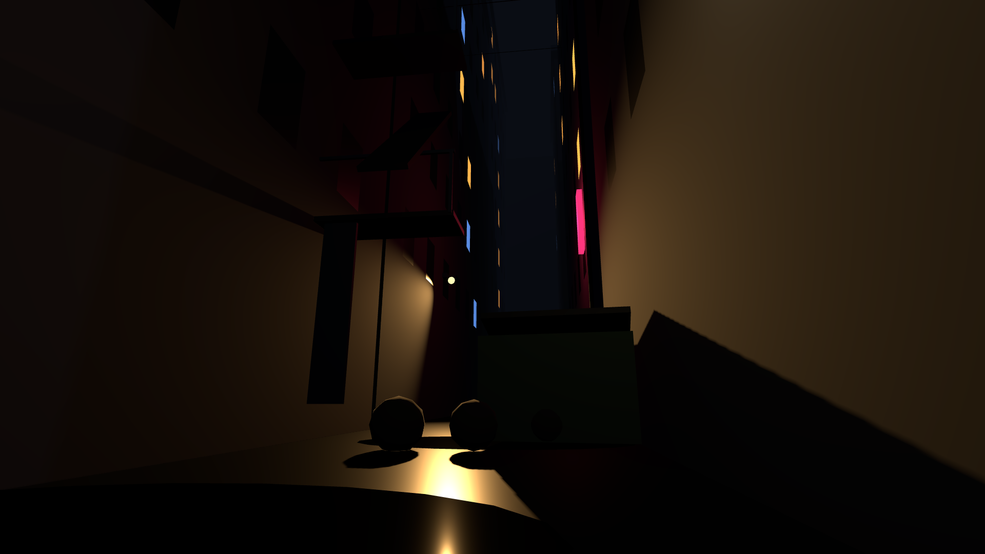 A 1920×1080 Scene-node capture of a skill-generated noir alley block-in: gray primitive buildings flanking a narrow alley, a low cinematic camera angle