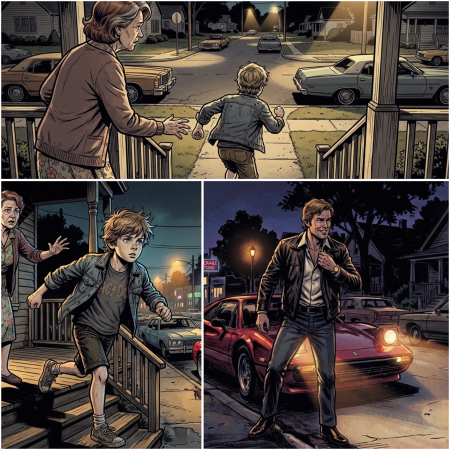 Composed comic page: the boy runs from the porch toward the Ferrari at the curb