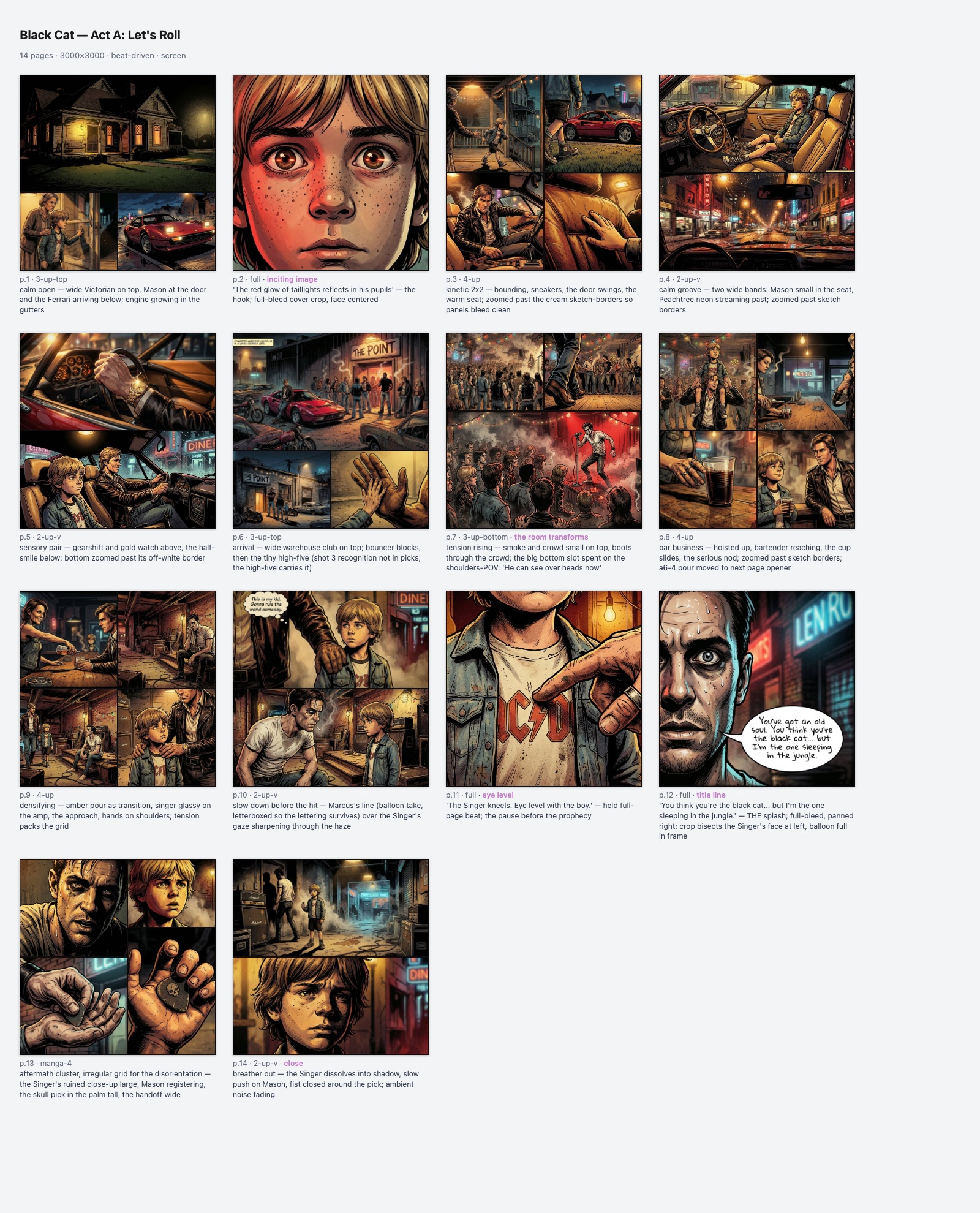 HTML preview contact sheet: fourteen dark comic pages from calm porch open through dense grids to the full-page prophecy splash and the fade-out