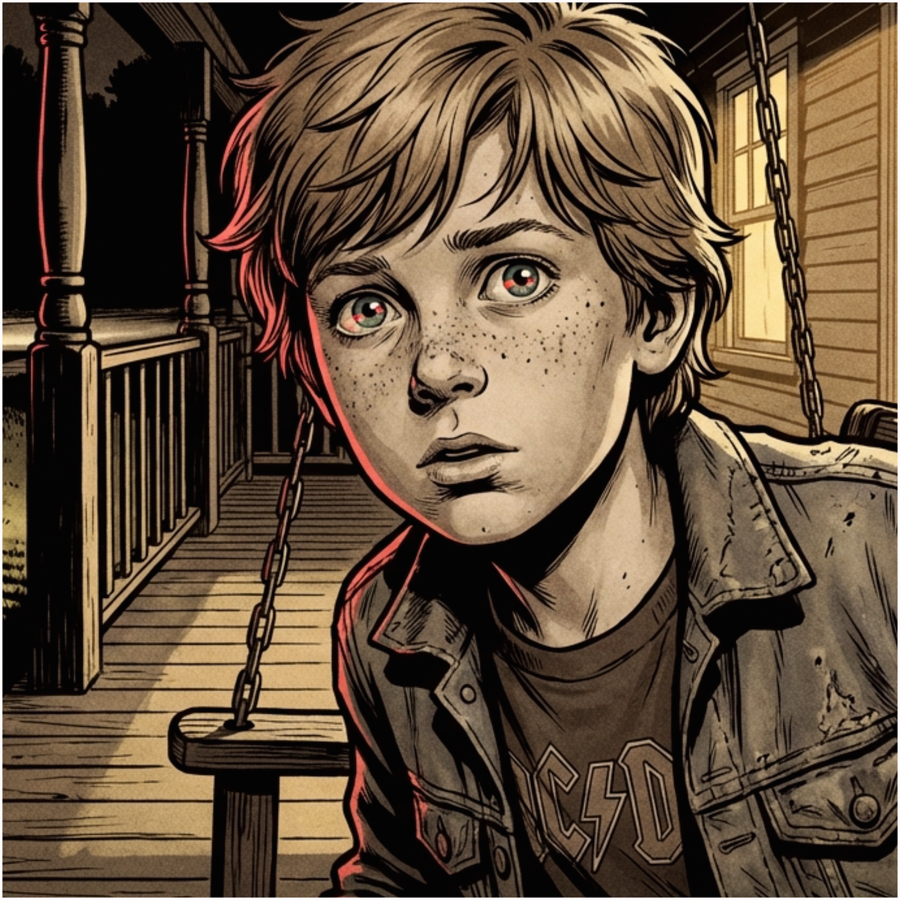 Composed comic page: full-bleed close-up of the boy on the porch swing, eyes wide