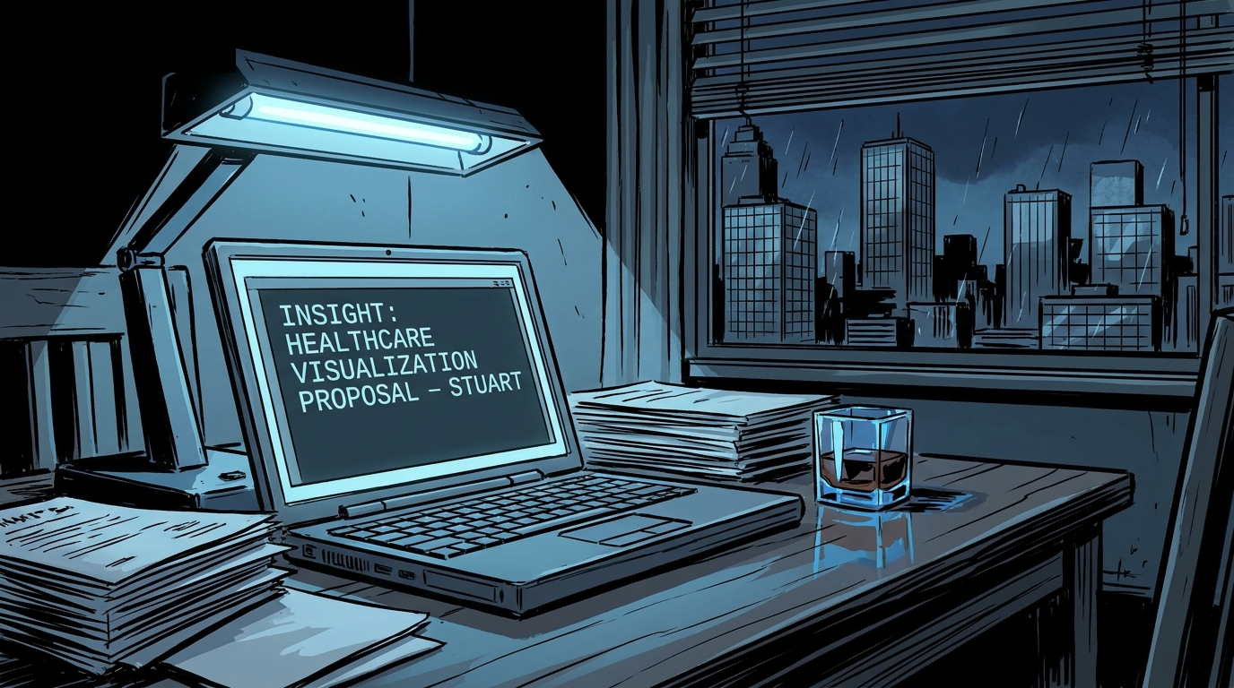 After: the same desk at night rendered as a bold-ink graphic-novel frame — laptop, whisky glass, rain-streaked skyline