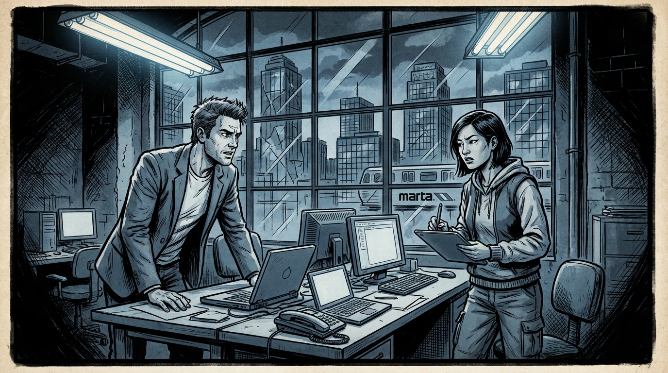 A bold-ink graphic-novel frame: two characters tense across a desk of computers in a noir studio office, the Atlanta skyline and a MARTA train visible through the rain-streaked window