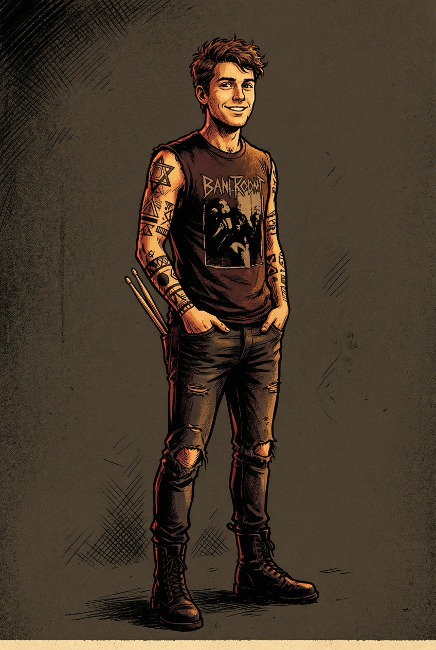 Character sheet: Alex, full-figure ink illustration