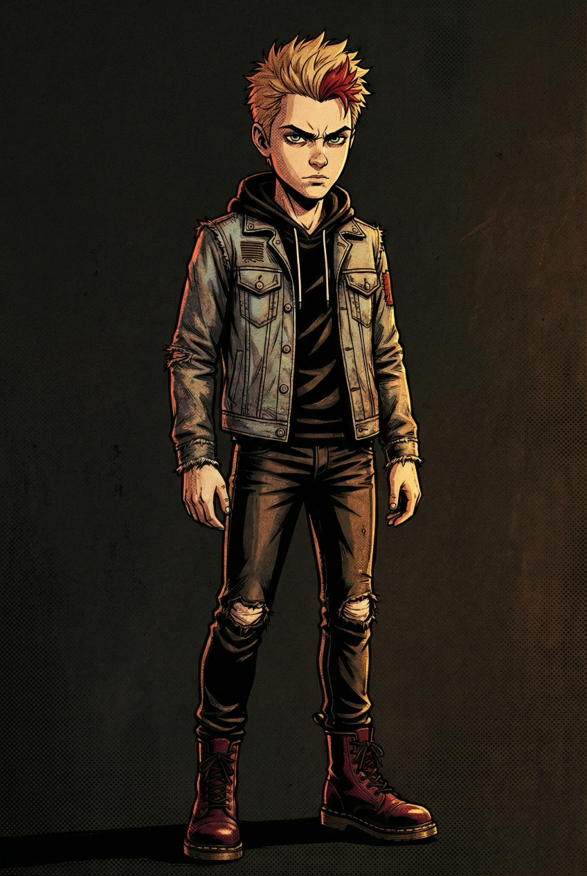 Character sheet: Mason, full-figure ink illustration