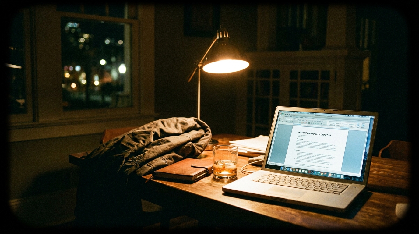 Before: a photographic-looking render of a desk at night