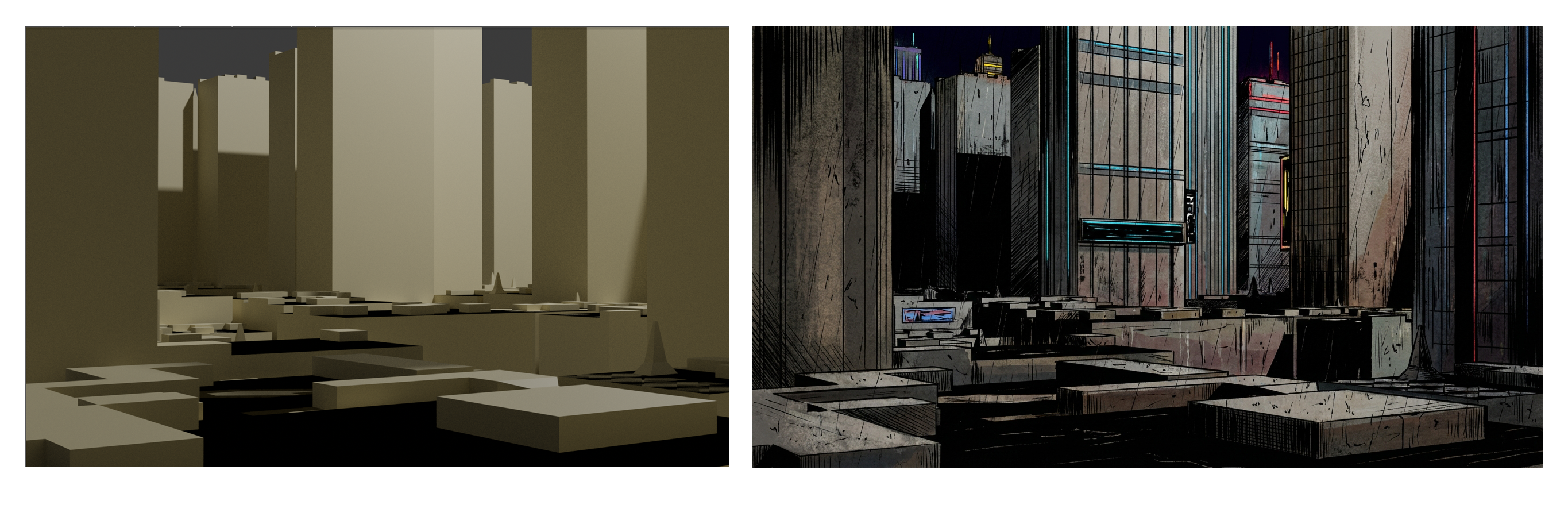 A 3D block-in reference being turned into a finished illustrated setting