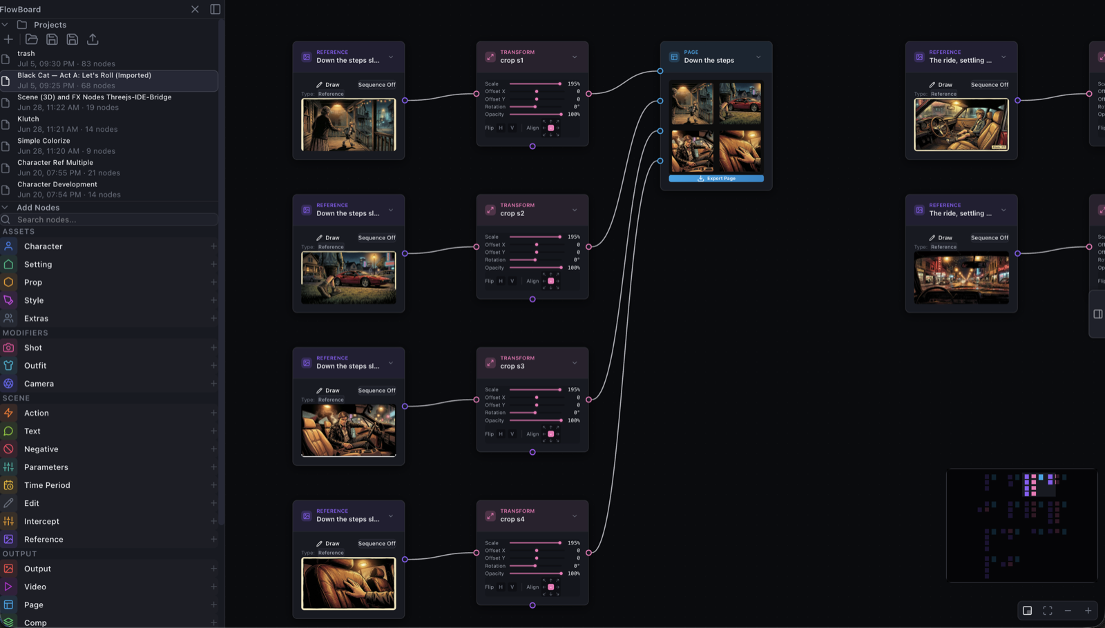 One page cluster up close: four reference nodes flow through Transform nodes with live scale, offset, rotation, and alignment sliders into the page node's panels