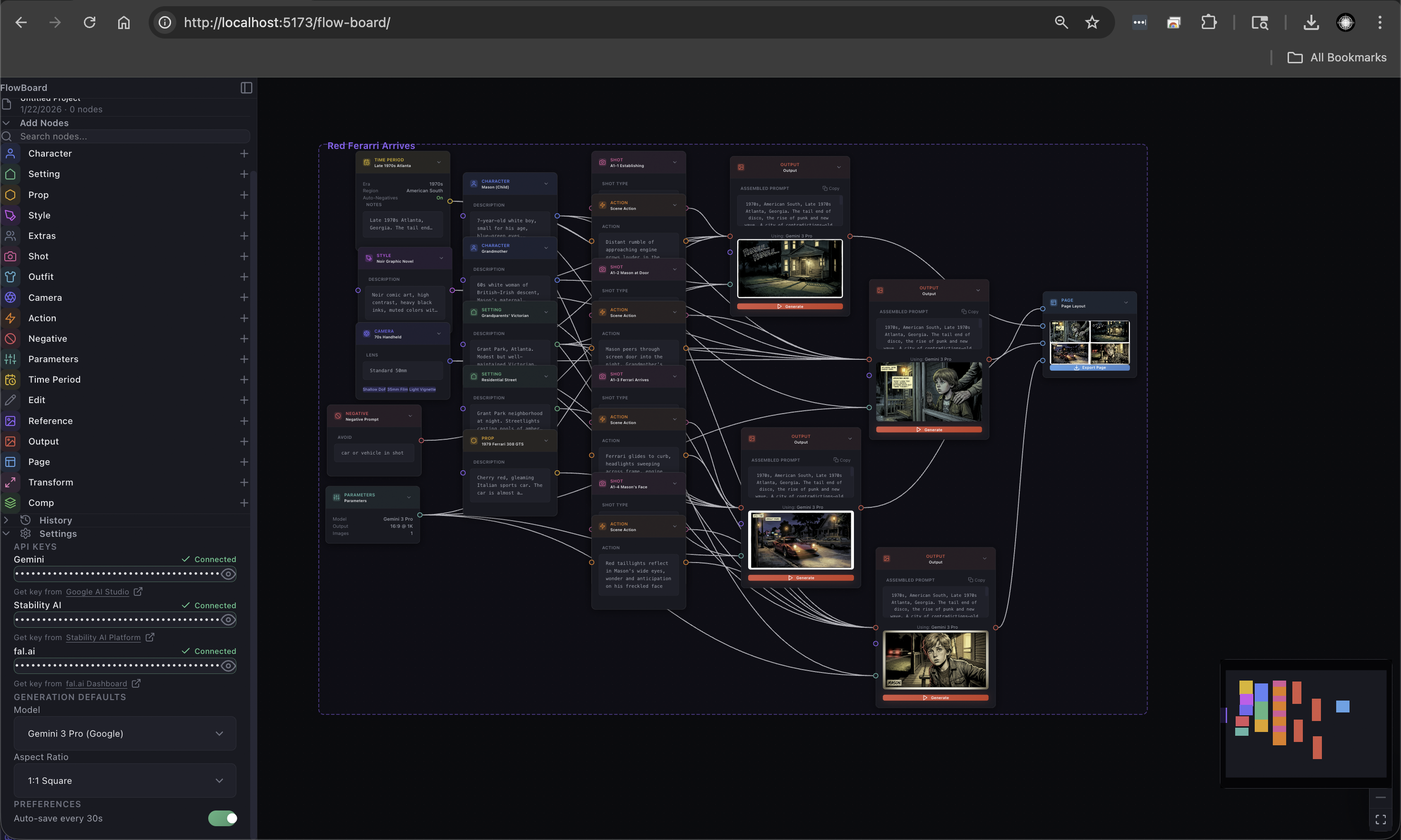 The FlowBoard node graph with characters, settings, and camera wired into a shot output