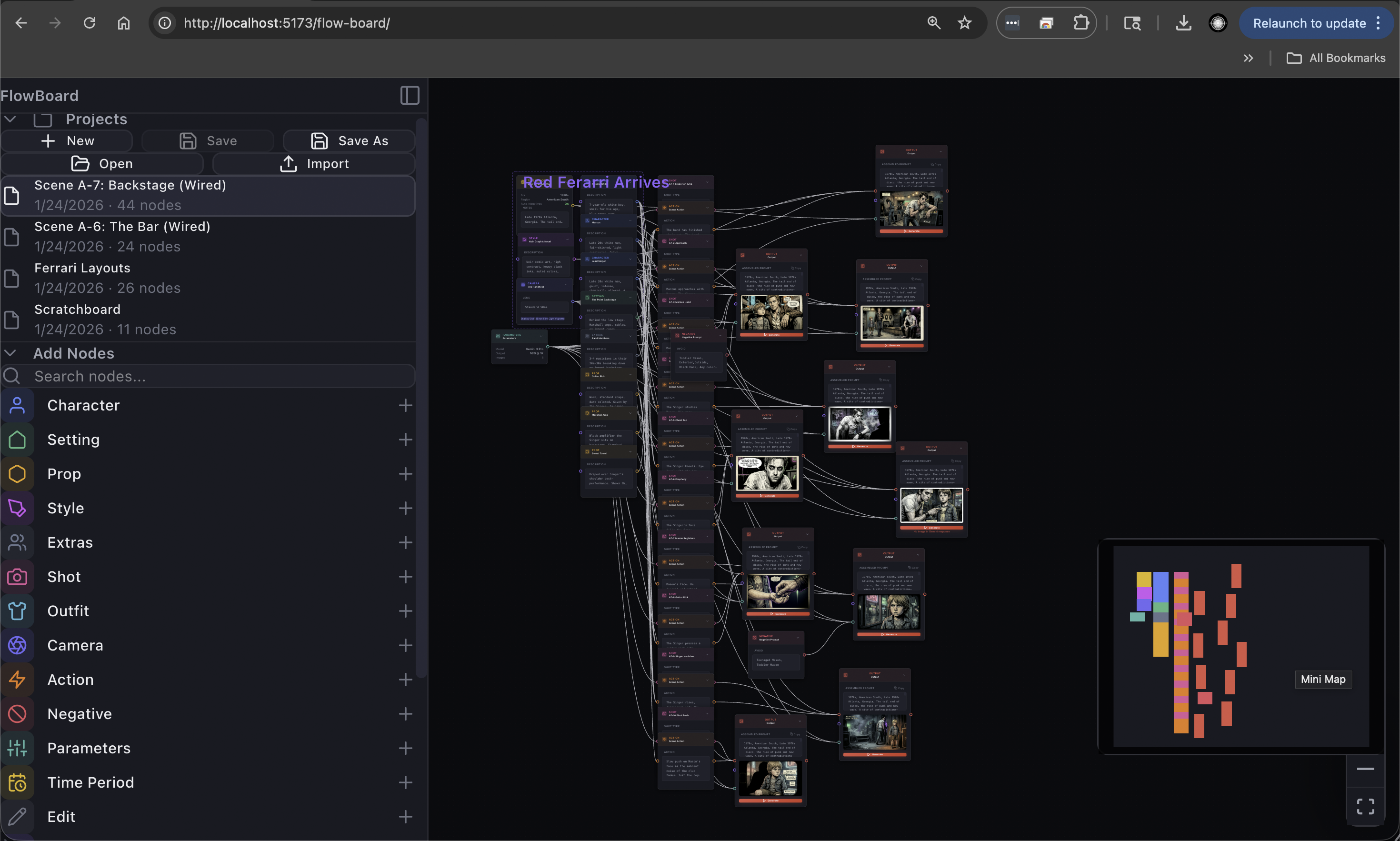 The FlowBoard app showing a generated scene loaded from the Script Panel